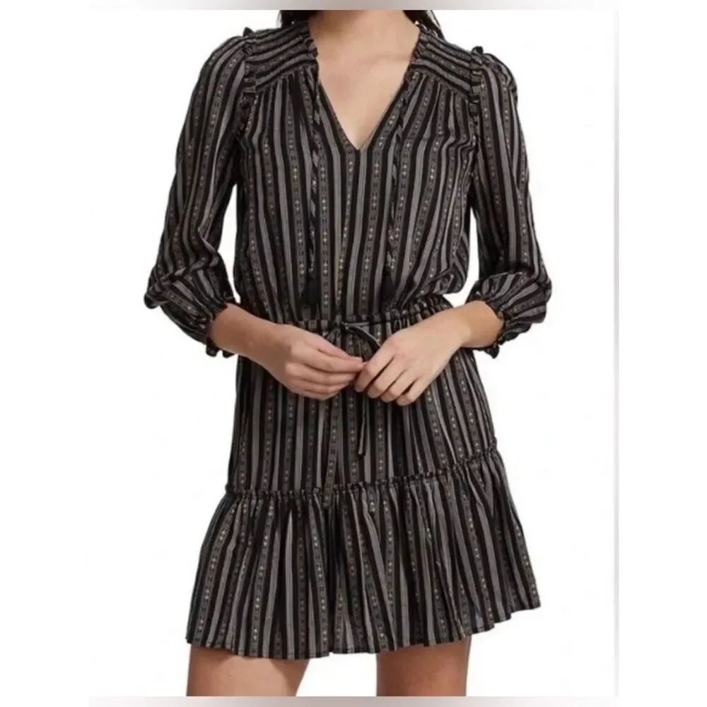 PAIGE Black Gray Striped Tie-Neck Long Sleeve Short Dress Sz XS Boho Festival